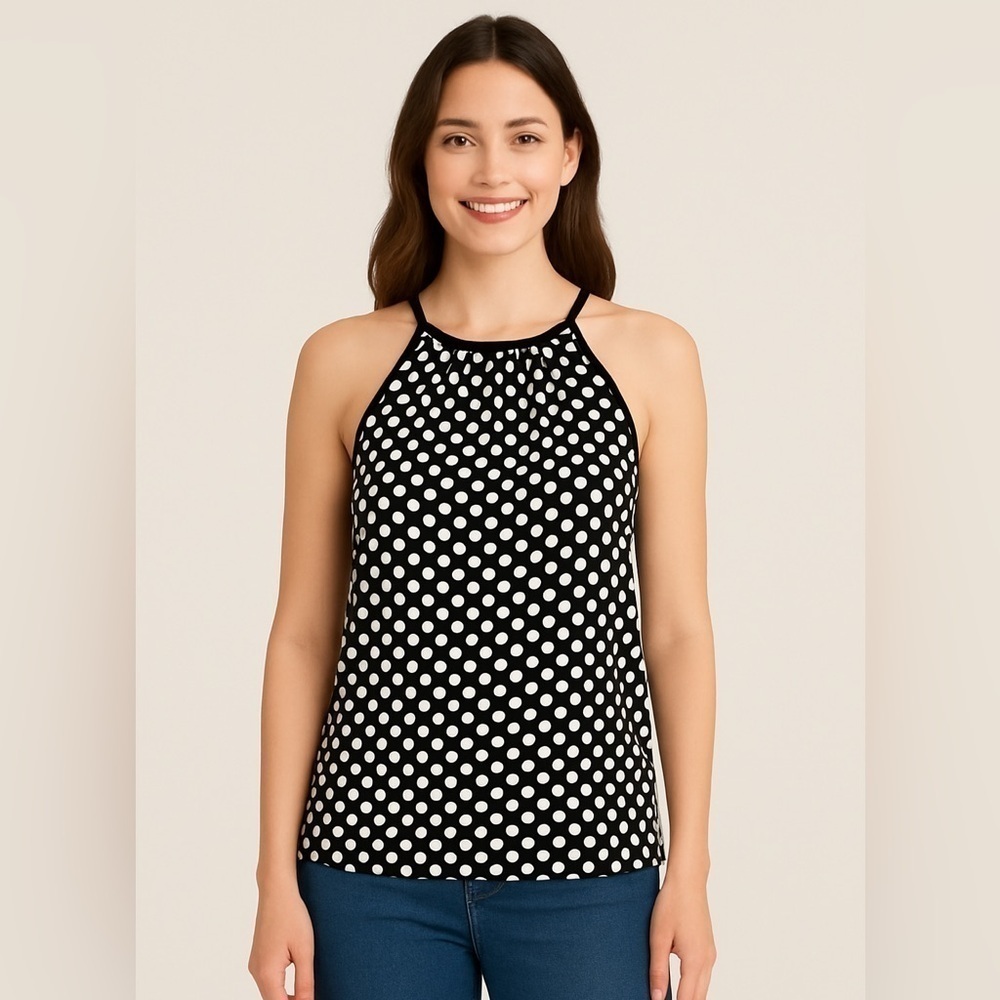MAX STUDIO - BLACK/WHITE POLKA-DOT SLEEVELESS CAREER KNIT TOP BLOUSE - WOMENS S